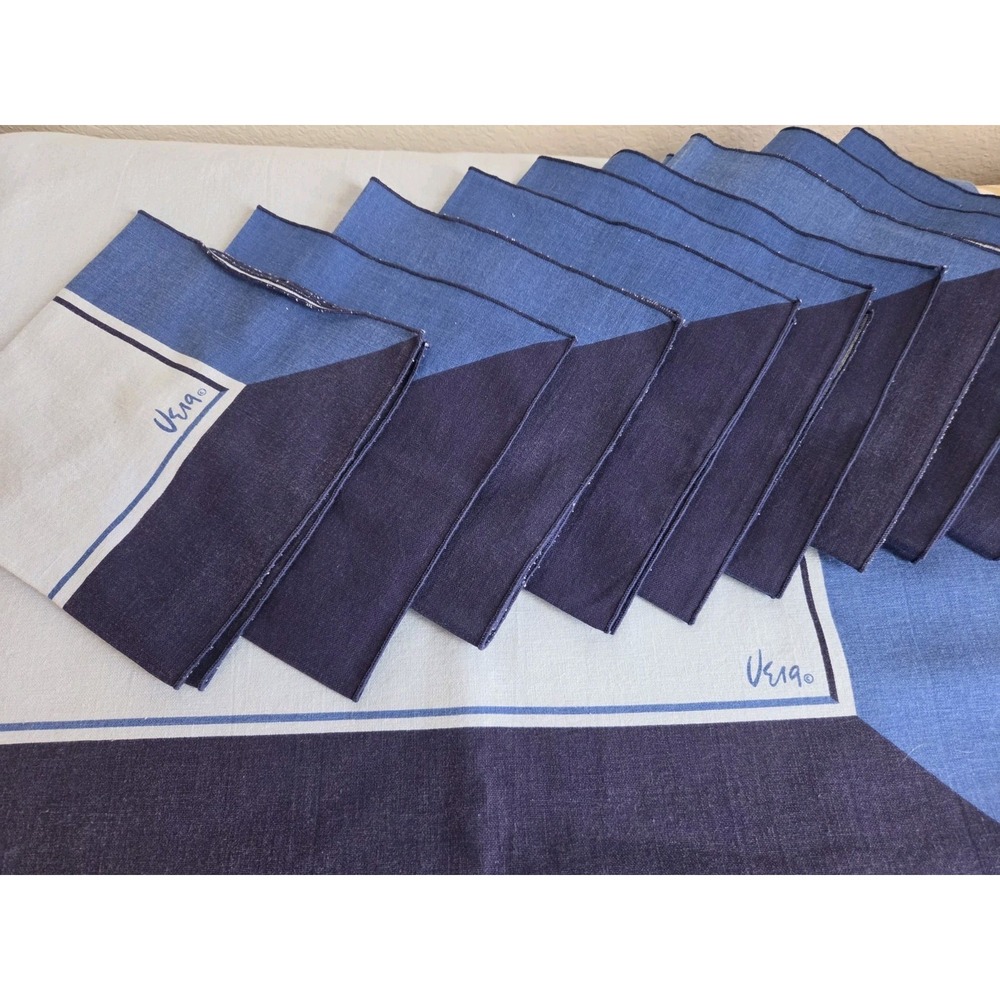 Vintage Vera Neuman Blue on Blue Tablecloth 51x48 Plus  9 Napkins 15x15 MCM